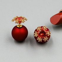 South Korea fashion matte red beads before and after New Year snowflake zircon double-sided earrings 925 silver needles Joker temperament earrings
