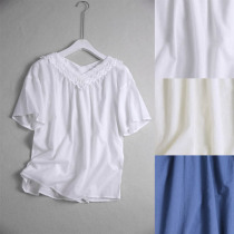 S071C 0710 Fresh oxygen Twin V Collar Flower Embroidery Splicing Loose Type Short Sleeve Head Shirt