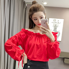 2017秋装新款女装韩版一字领荷叶边衬衫长袖打底衫娃娃衫套头上衣