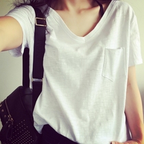 Summer 2021 womens short-sleeved bamboo cotton white T-shirt womens Korean version of loose V-collar with super Fire ins tide