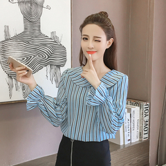 实拍2017秋新款韩版女装长袖前后两种穿法百搭宽松条纹衬衫上衣女