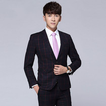 Mens casual suit suit suit three-piece slim British Korean version of tide groom wedding dress Plaid small suit man