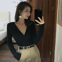 Autumn new Korean version of solid color slim slim v-neck long-sleeved sweater womens casual top hot girl bottoming shirt