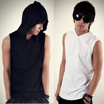 Korean version of the tight sports vest mens summer sleeveless bottoming shirt cotton hoodie youth hooded vest vest tide