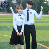 Middle school uniform set Class uniform pure cotton British College style blue shirt Mens and womens black dress uniform spring and autumn season