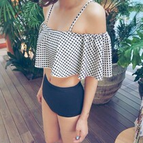 Korean ruffle suspender vintage female bikini one-line collar conservative student split high waist swimsuit New swimsuit