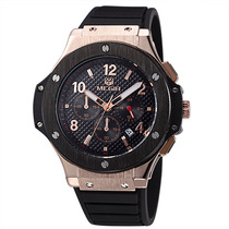 MEGIR calendar fake Three-eye screw dial waterproof quartz Silicon Tape Watch 3002G gold shell