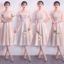 Bridesmaid 2021 new winter thin champagne color long temperament wedding sister Group evening dress dress women Autumn