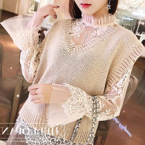 Horn sleeve high collar mesh foreign style white lace bottoming shirt women's long sleeve top hollow 2018 new autumn dress