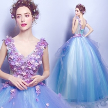 New blue flower V-collar bridal toast long dress dinner annual performance clothing wholesale 2535 Spring