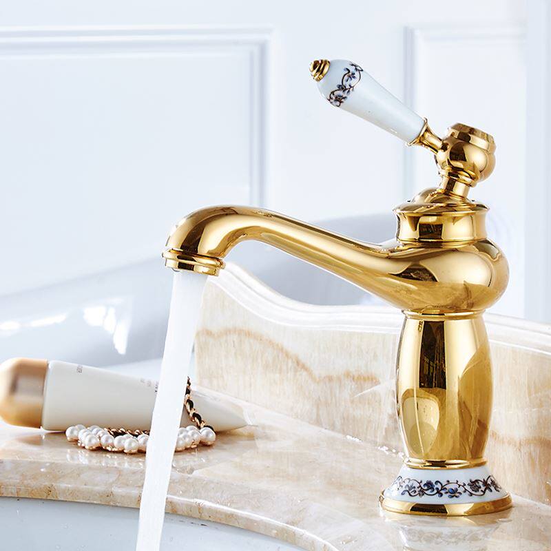 沐歌金色龙头冷热台上下盆龙头铜加高青花瓷台面盆镀金仿古水龙头_7折