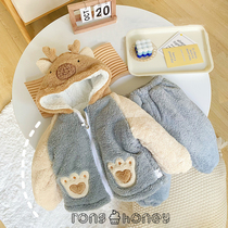 Japanese childrens sleepwear winter boy thickened coral suede children with cap cartoon home suit female baby outside wearing