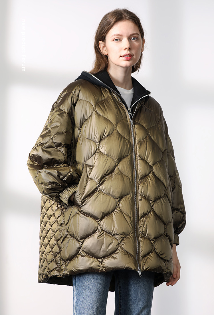 宽松菱形格亮面羽绒服女中长款防风显瘦高端大气冬季外套81712