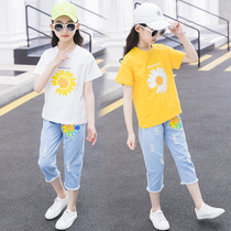 Girls suit summer 2021 new large childrens childrens short-sleeved summer three-point pants Korean version of the foreign two-piece set tide