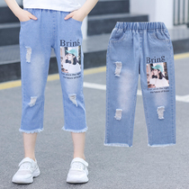 Girls jeans three-point pants 2021 summer new style 7 large children thin section 8-12 pants girls 10-15 years old