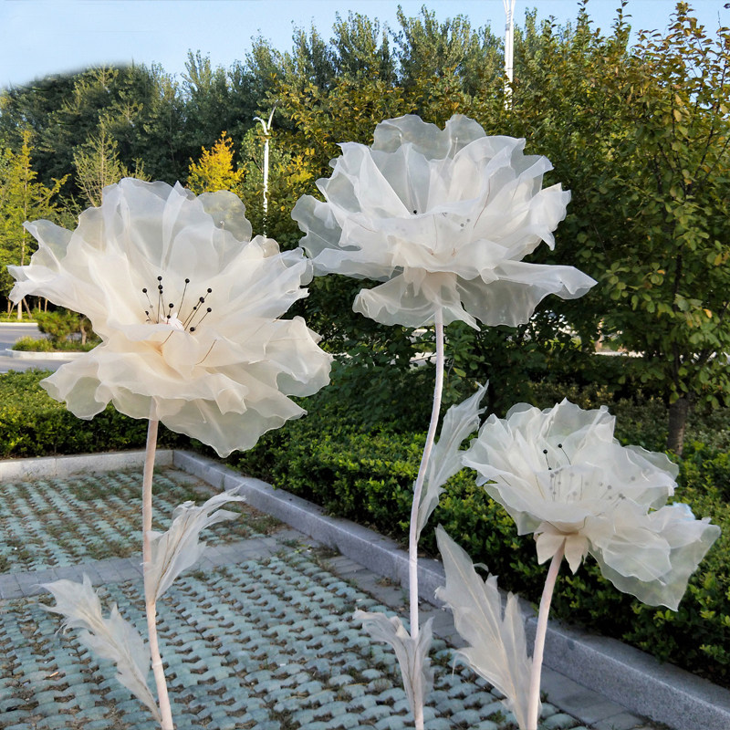 真丝花铁丝婚庆道具大型引路花手工纸花网花铁丝胶包白色80cm长-阿里