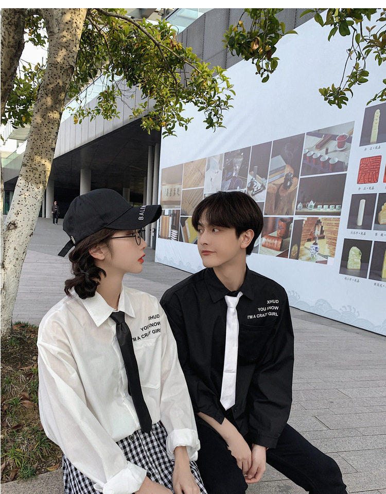 实拍 纯棉学院风领带衬衫男女学生jk黑白色长袖衬衣班服