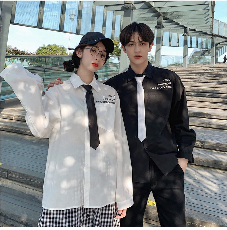 实拍 纯棉学院风领带衬衫男女学生jk黑白色长袖衬衣班服