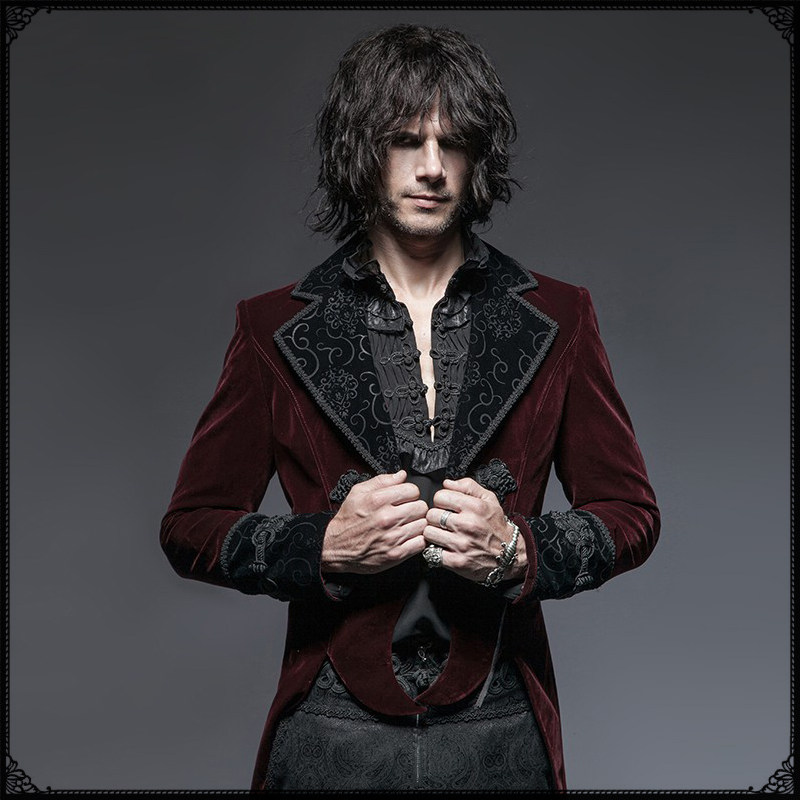 魔卡骑新款宫廷哥特风衣男中长款长袖外套复古贵族燕尾丝绒演出服_7折