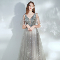 Dinner annual meeting host dress 2022 new summer bride toast performance temperament silver gray long elegant sequins