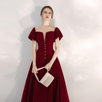 Toast clothing bride wine red 2022 new summer velvet banquet evening dress host performance texture temperament female