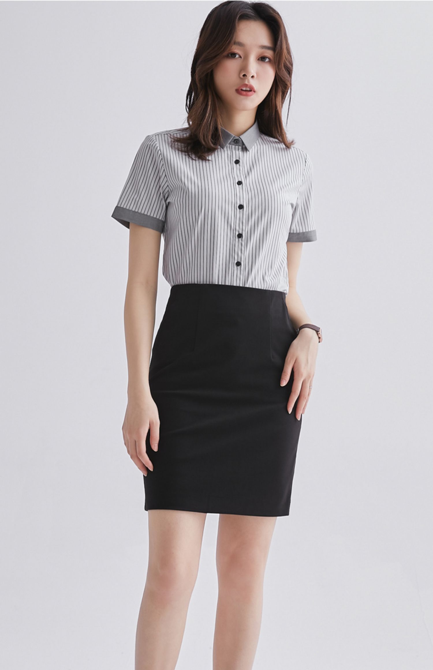 宿·色短袖工作服条纹撞色衬衫女夏装新款上衣职业工装棉衬衣