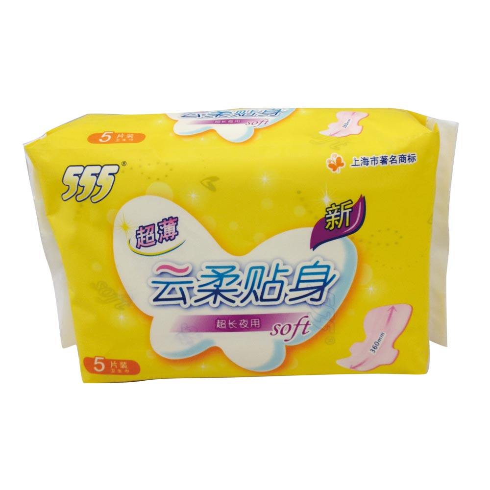 555/三五卫生巾 贴身薄款 纯棉 加长夜用360mm 大扇尾5片*8包