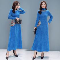 Ethnic style spring base dress women thickened long retro improved warm knee-length Chinese style embroidered sweater