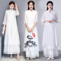 Summer retro Chinese style silk literary tea dress Womens Cheongsam-style modified dress Odai wide leg pants two-piece set