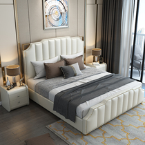 Modern simple light luxury leather bed 1 8 meters solid wood double bed master bedroom wedding bed post modern ins Net red Nordic