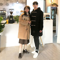 Couple coat long wool horn buckle winter Korean hooded woolen coat windbreaker lovers outfit autumn fashion