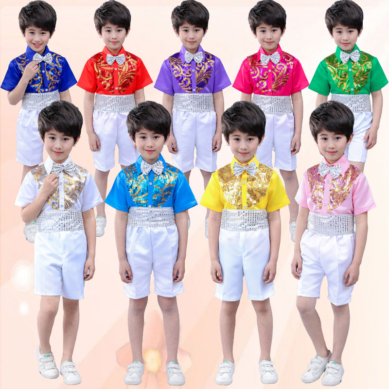 Children's chorus dress,sequins shirts short,campus boys recite stage costumes ,Short sleeve sequin shirt performance clothing Children's chorus dress,sequins shirts short,campus boys recite stage costumes ,Short sleeve sequin shirt performance clothing