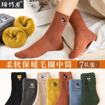 Thick socks womens autumn and winter mid-tube Korean college style cotton socks thickened and velvet warm towel socks cute stockings