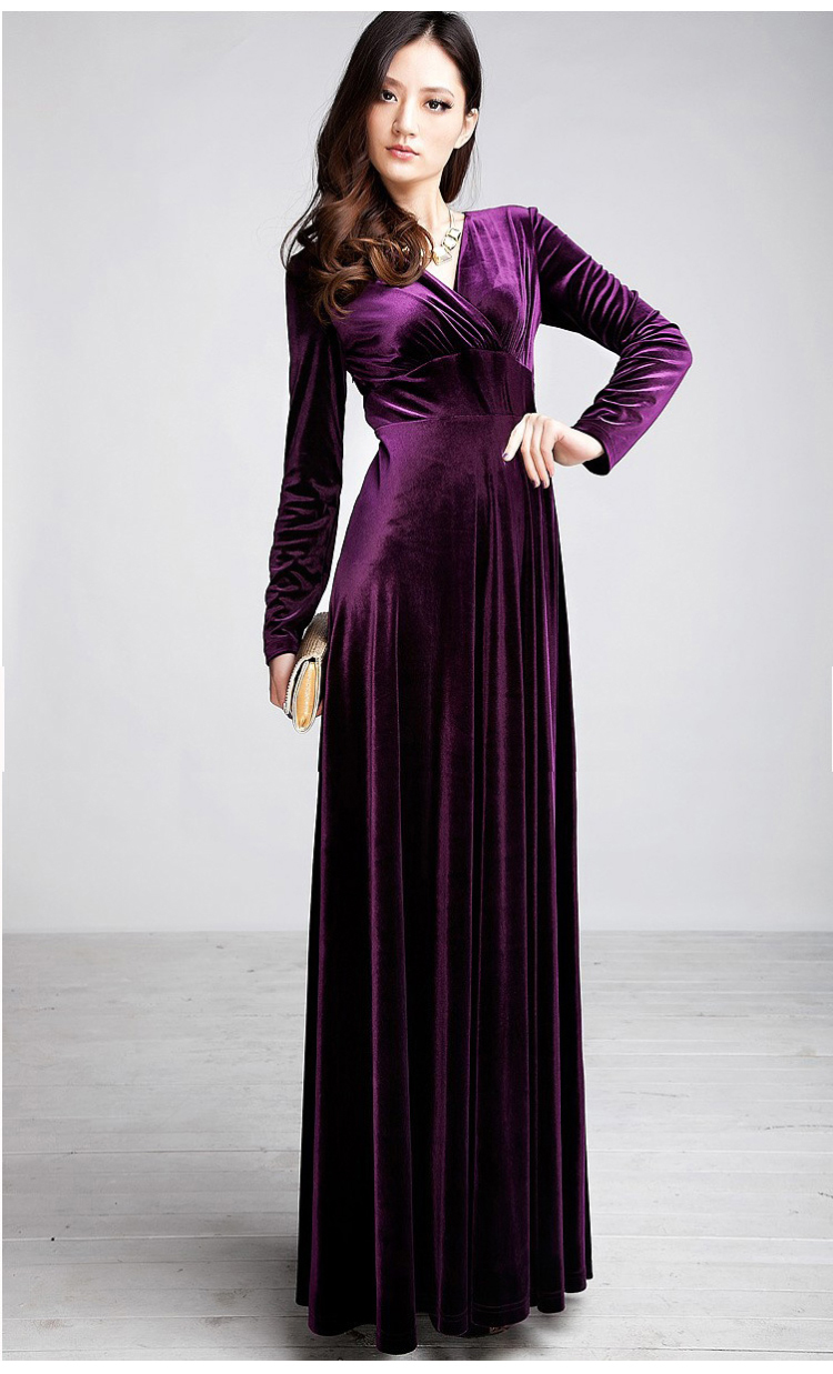 2019春夏大码女装欧美外贸长袖v领长款大摆拖地金丝绒长裙连衣裙