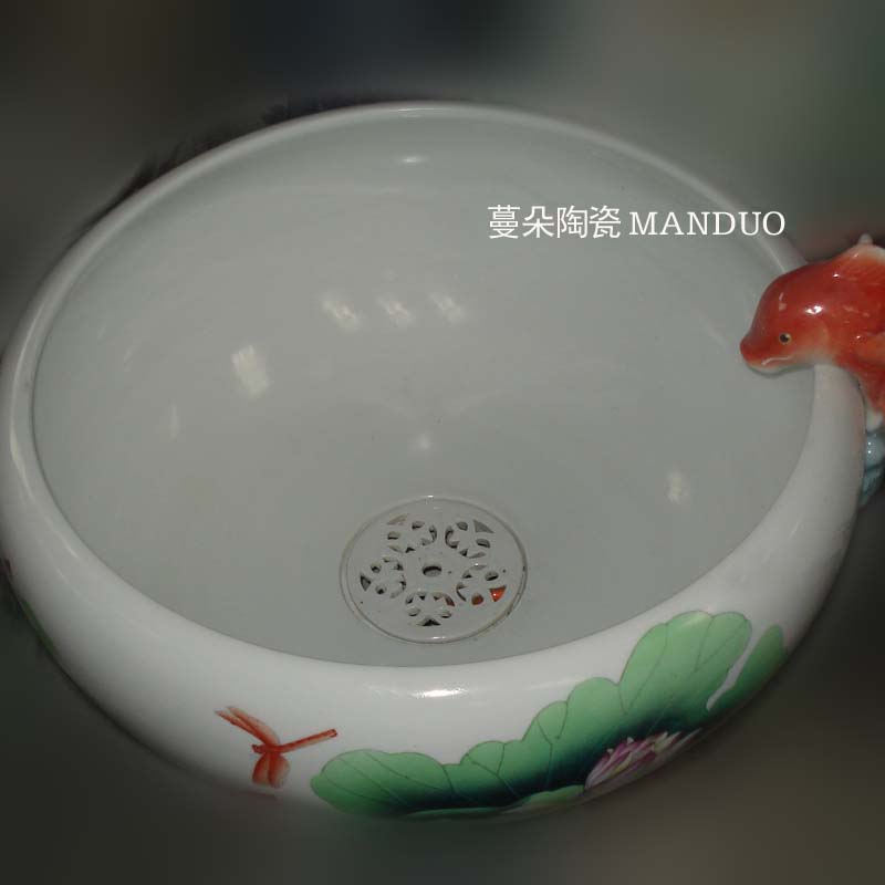 Jingdezhen hand - made lotus circulating water fountain aquarium porcelain circulation tank cylinder high solid wood base
