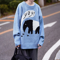 Gender-free tooling couples loose knitwear college style cartoon elephant knitted pullover round neck long sleeve sweater women