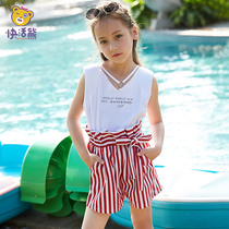 Happy Bear childrens clothing girl Summer 2018 new Korean version of cool sleeveless top striped shorts two-piece set