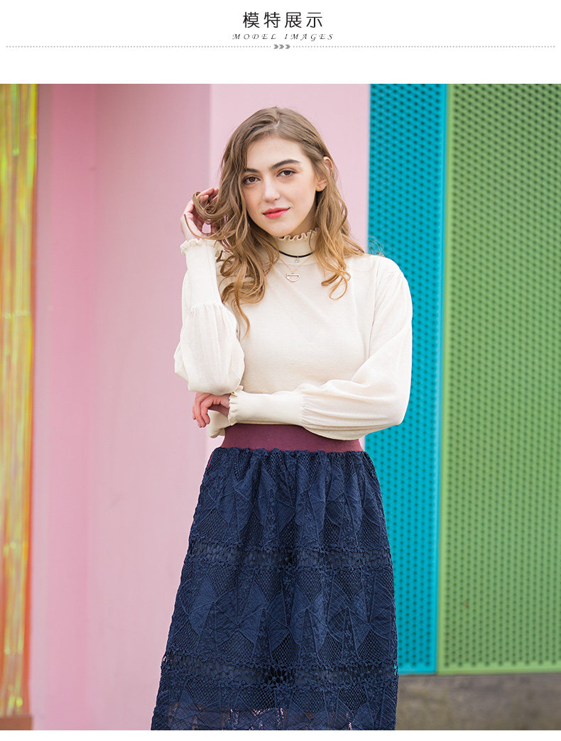 女装/女士精品 毛衣 enid秋装女新款花边淑高领毛衣新品提花长袖针织