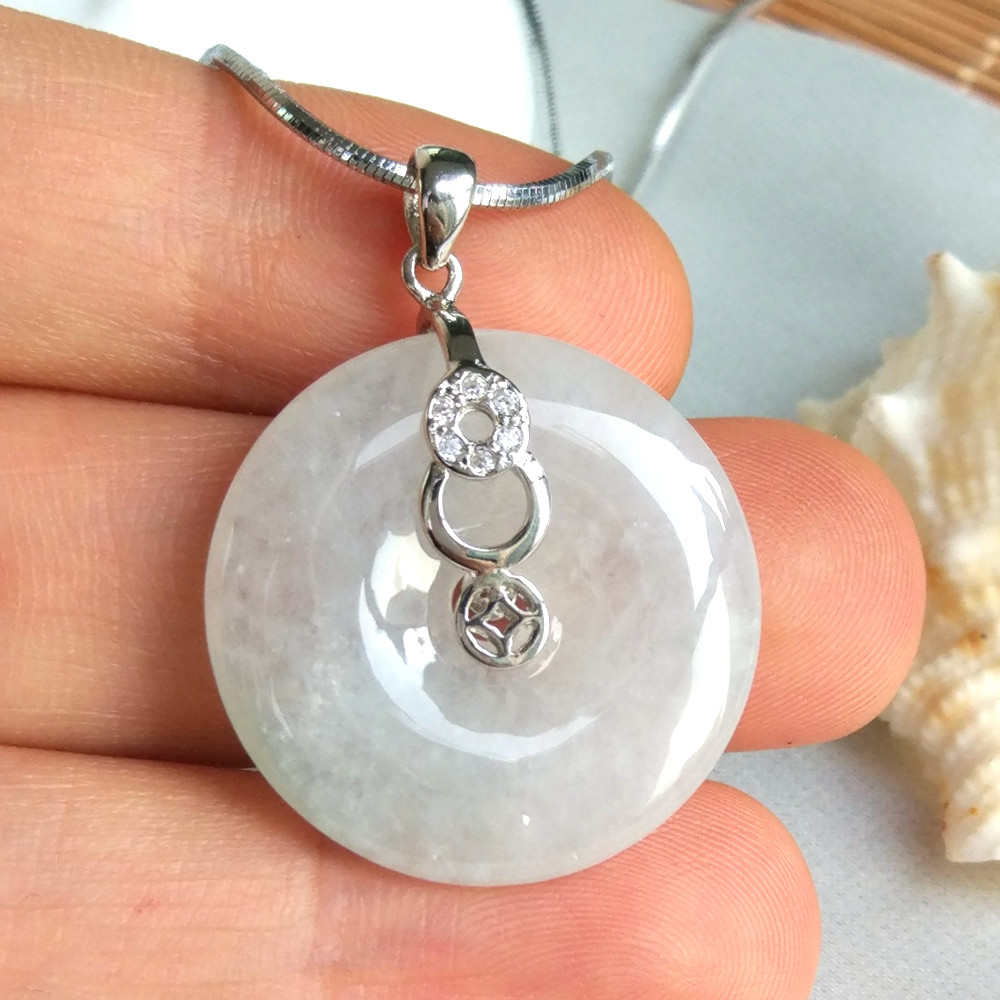 s925银镶翡翠平安扣吊坠锁骨项链天然a货镶嵌冰种玉坠礼物女