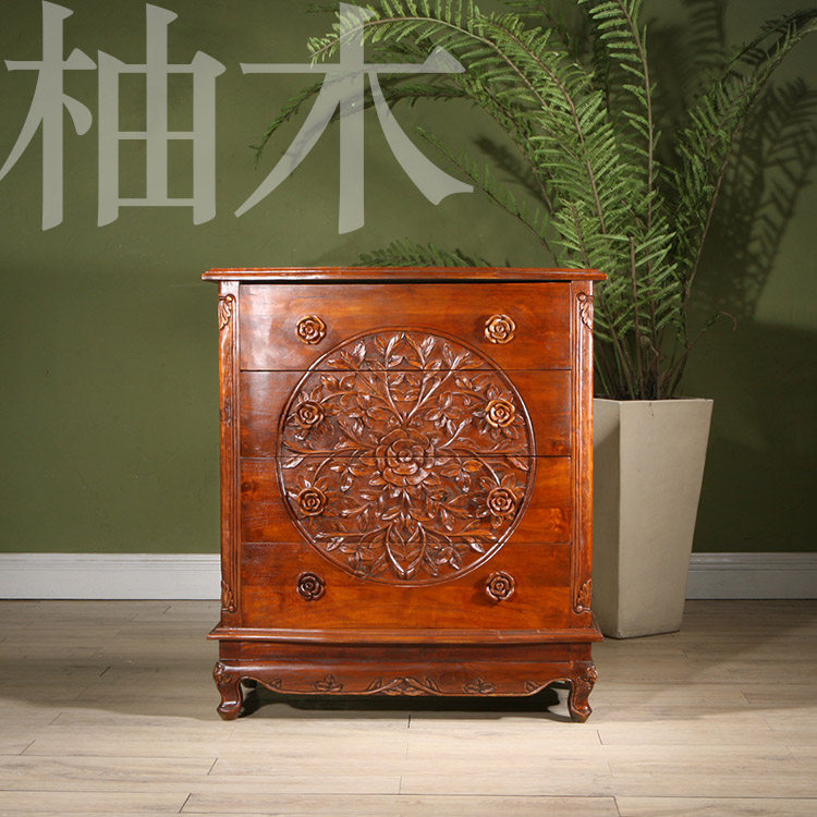 柚木家具 柚木斗柜 全实木 美式斗柜 原木 储物柜 抽屉柜 雕花