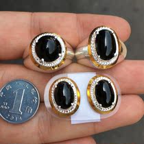 Fulai jewelry Myanmar A natural ice species ink Cui earrings ring surface three-piece set of colored jade egg surface copper bracket