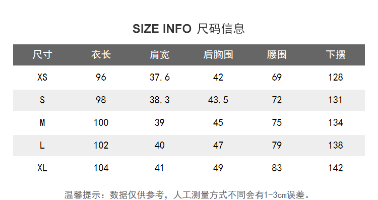 SIZE INFO尺码信息尺寸衣长肩宽后胸围腰围下摆XS9637.6128SML9838.343.57217513447138XL温馨提示:数据仅供参考,人工测量方式不同会有1-3cm误差-推好价 | 品质生活 精选好价