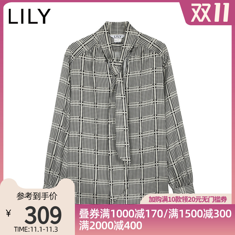 LILY2020秋季新款女装千鸟格印花飘带领宽松雪纺衬衫,降价幅度30.1%