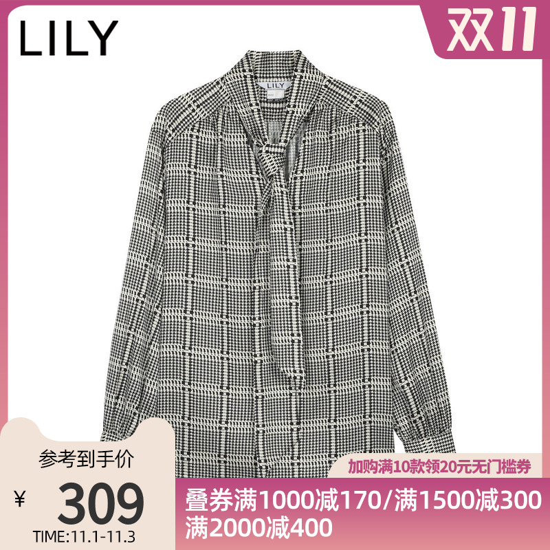 LILY2020秋季新款女装千鸟格印花飘带领宽松雪纺衬衫