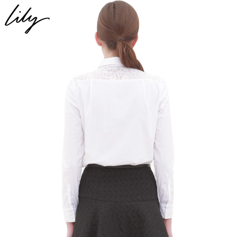 Lily秋装新款女装修身纯色蕾丝拼接长袖衬衫114330H4396