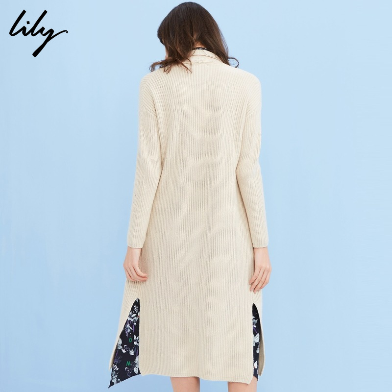 Lily2017新款女装针织开衫纯色长款开叉毛衣口袋外套116349B1915产品展示图5