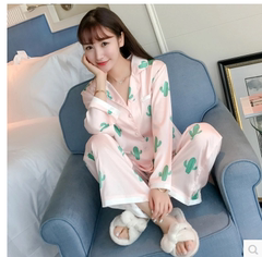 韩版小翻领开衫家居服套装仿真丝印花甜美时尚睡衣