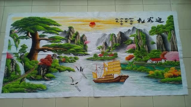 纯手工十字绣成品2米迎客松财运版仙鹤一帆风顺特价出售客厅