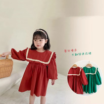 Korean childrens clothing girl dress 2021 autumn Korean lace princess dress childrens cotton big lapel long skirt