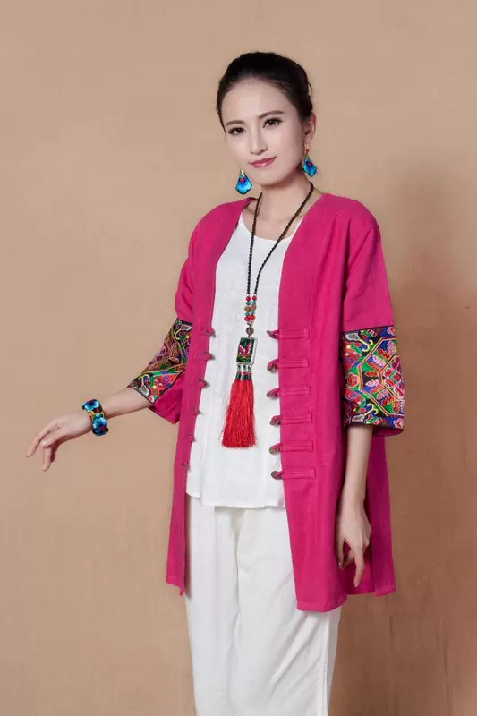 Partridge National Linen Thêu Nút đồng Hàng đầu của Phụ nữ Áo khoác gió dài trung niên Áo khoác ngoài mùa thu và mùa đông - Trench Coat